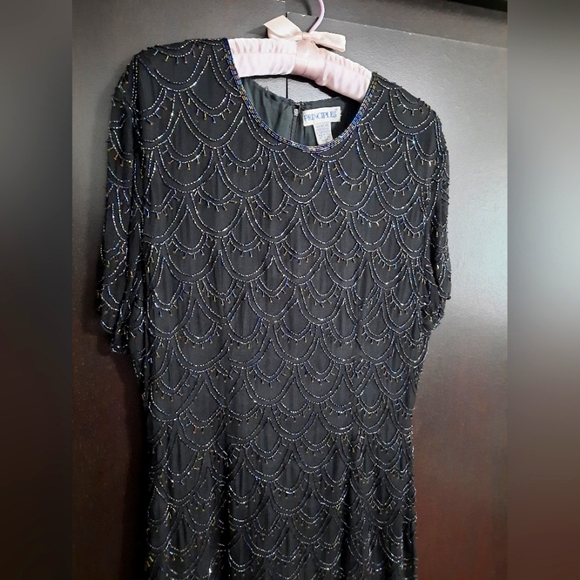 Vintage 90s Principles Black Silk Beaded Cocktail Dress - Picture 3 of 10